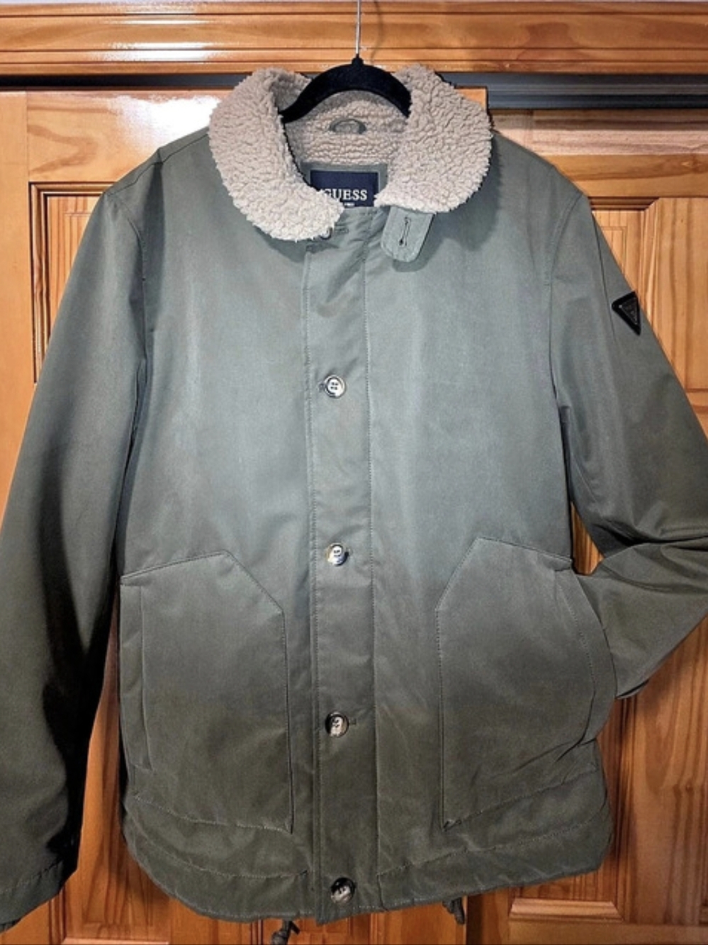 Guess Mens Olive Green & Brown Sherpa Lined Winter Hooded Parka Jacket Size S